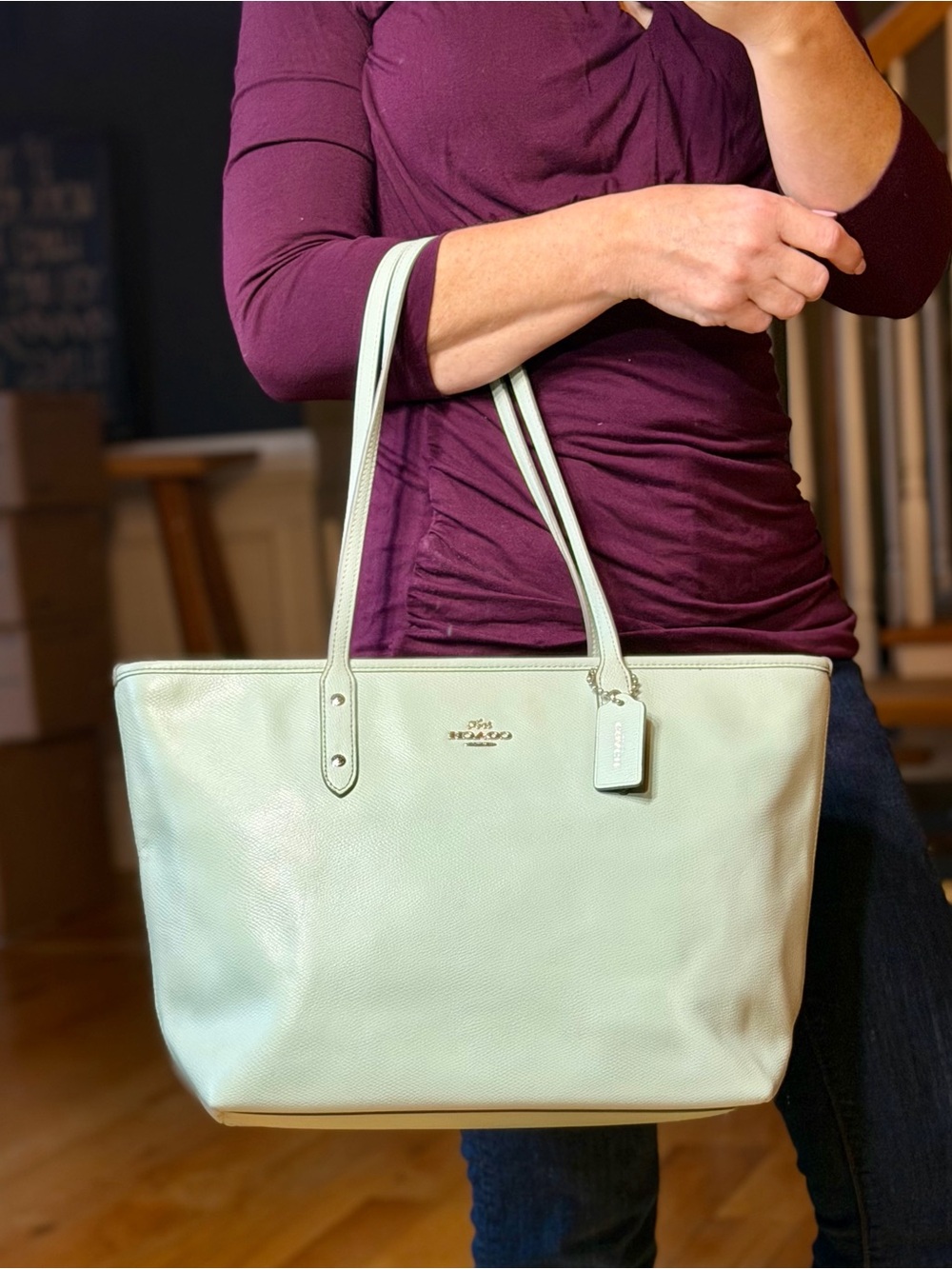 Coach Classic Rare 2015 City Zip Tote Seafoam Green Leather